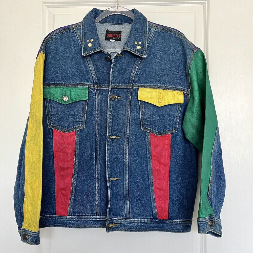 Vintage Sunbelt Painted Color Adult Medium Blue Denim Jean Trucker Jacket 80 90s